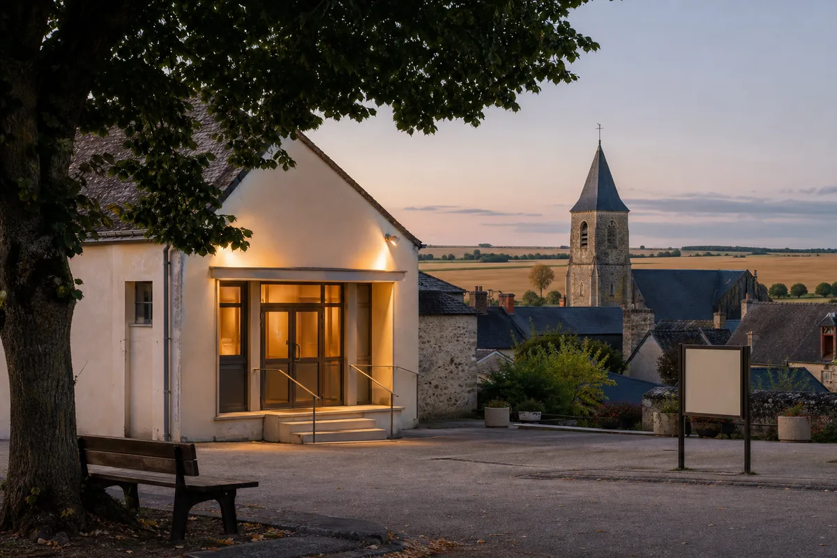 Façade éclairée d&rsquo;une petite salle de cinéma de village en vallée d&rsquo;Eure au crépuscule