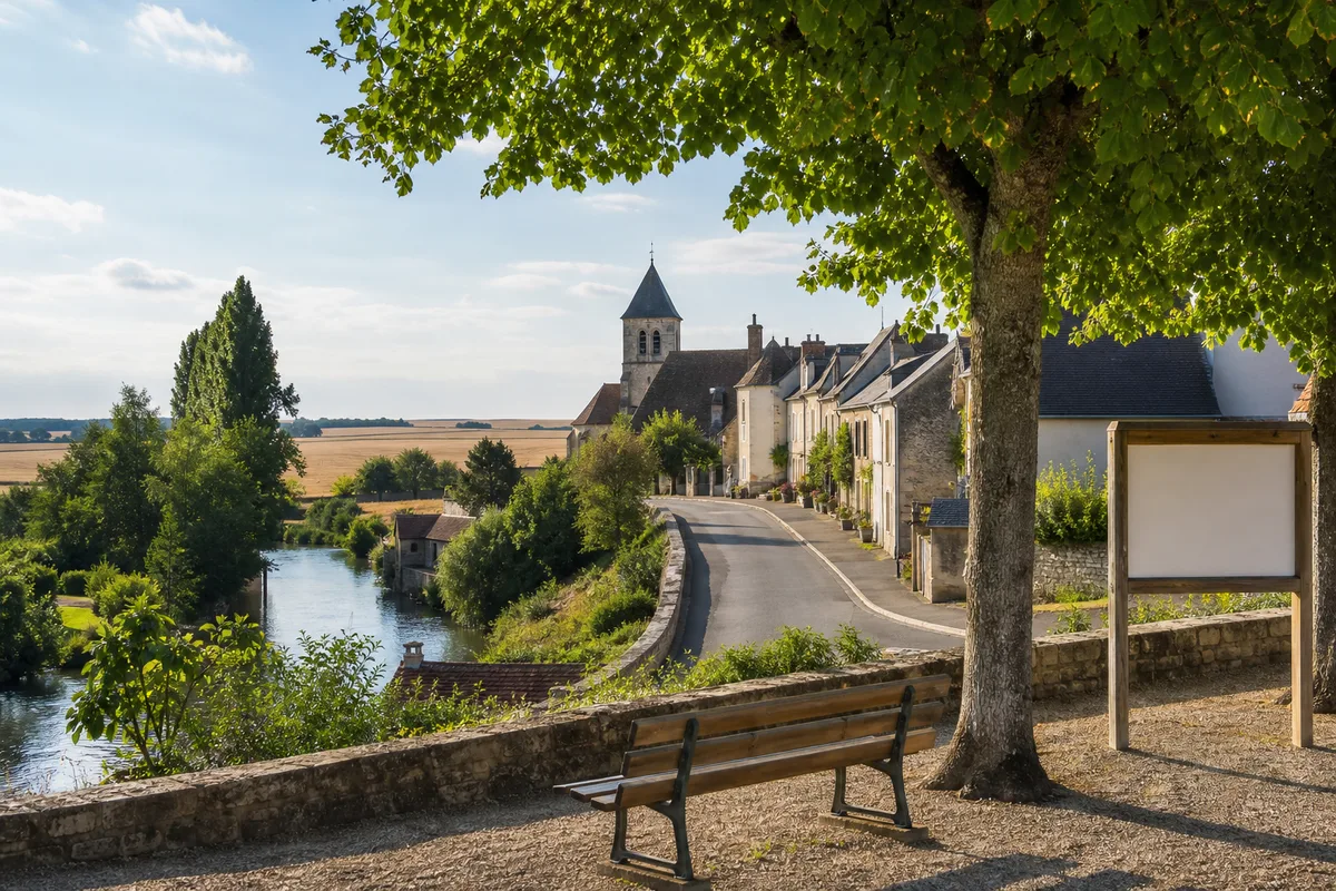 Route départementale bordée d&rsquo;arbres longeant la rivière Eure entre deux villages du 28