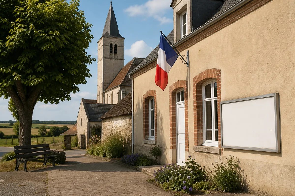 Façade d&rsquo;une mairie de village française avec drapeau tricolore et panneau d&rsquo;affichage