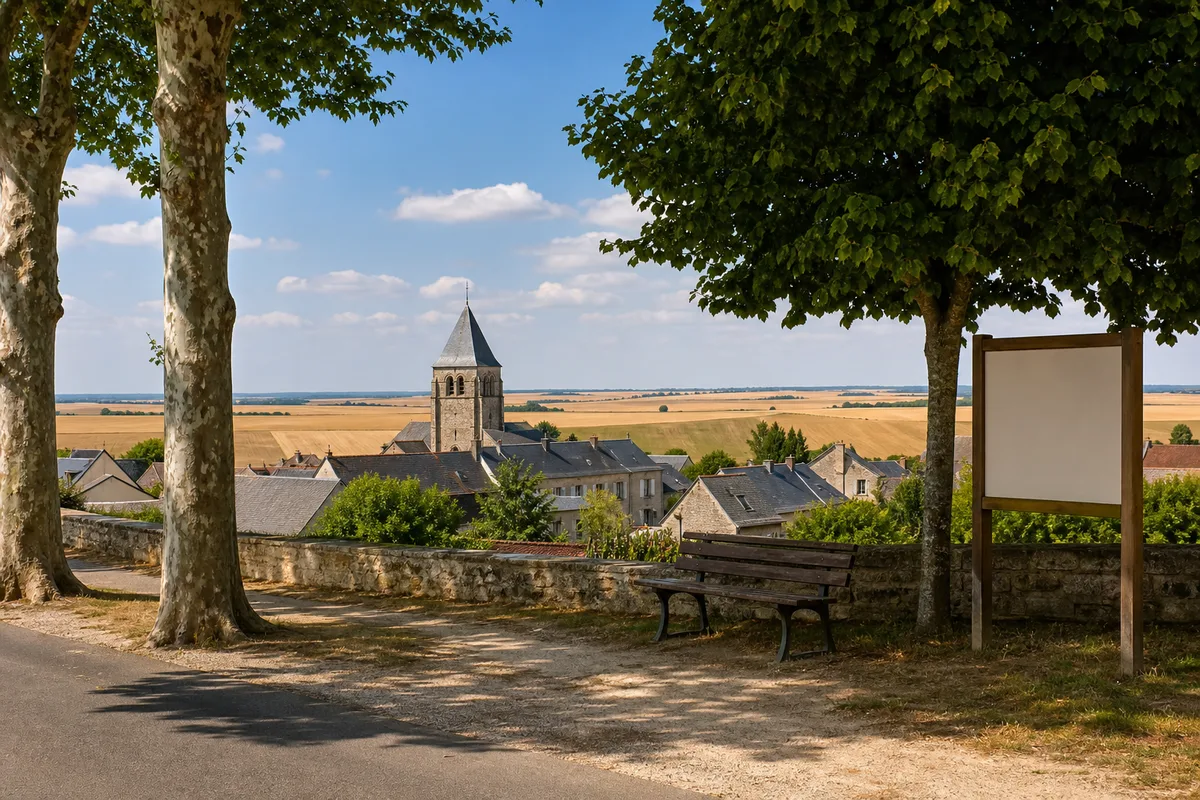 Clocher de village émergeant des champs de blé de la Beauce sous un ciel d'été