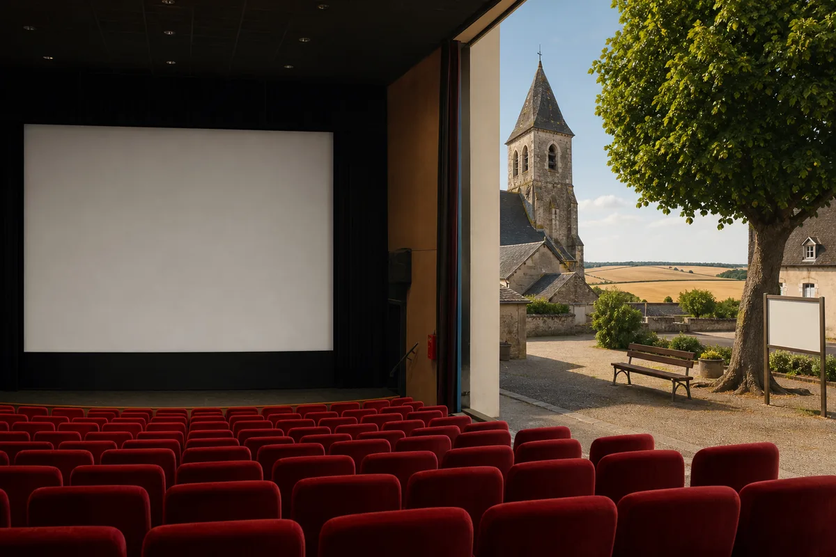 Vue d&rsquo;un écran de cinéma et de rangées de fauteuils rouges dans une salle de province