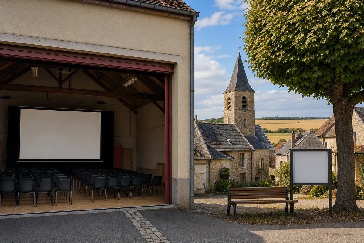 Salle polyvalente de village aménagée pour une projection avec écran et chaises alignées