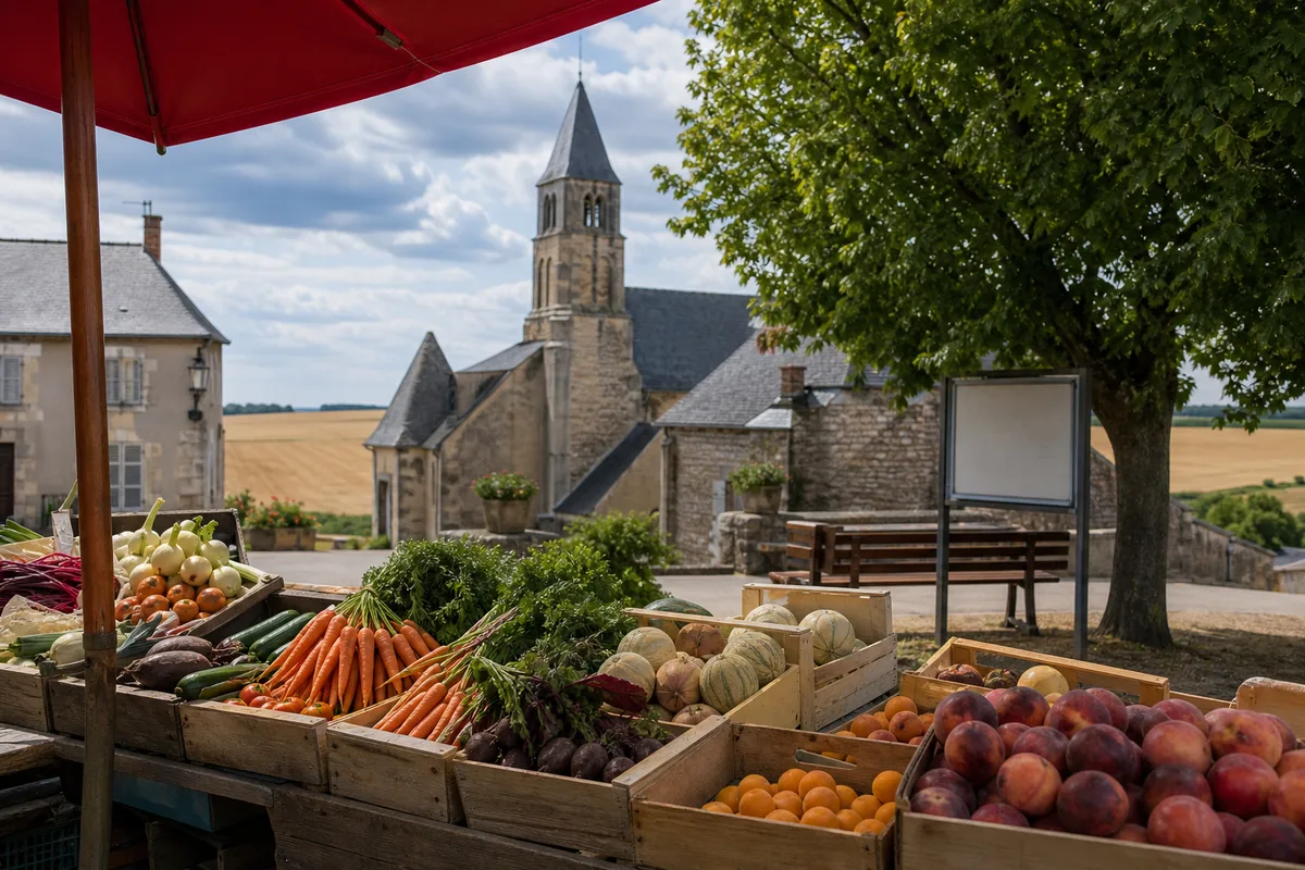 Étal de fruits et légumes de saison sur un marché de village en Eure-et-Loir