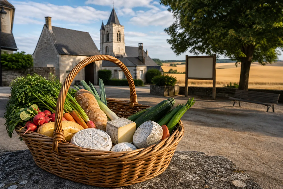 Panier d’osier rempli de légumes et de fromages achetés sur un marché du Perche