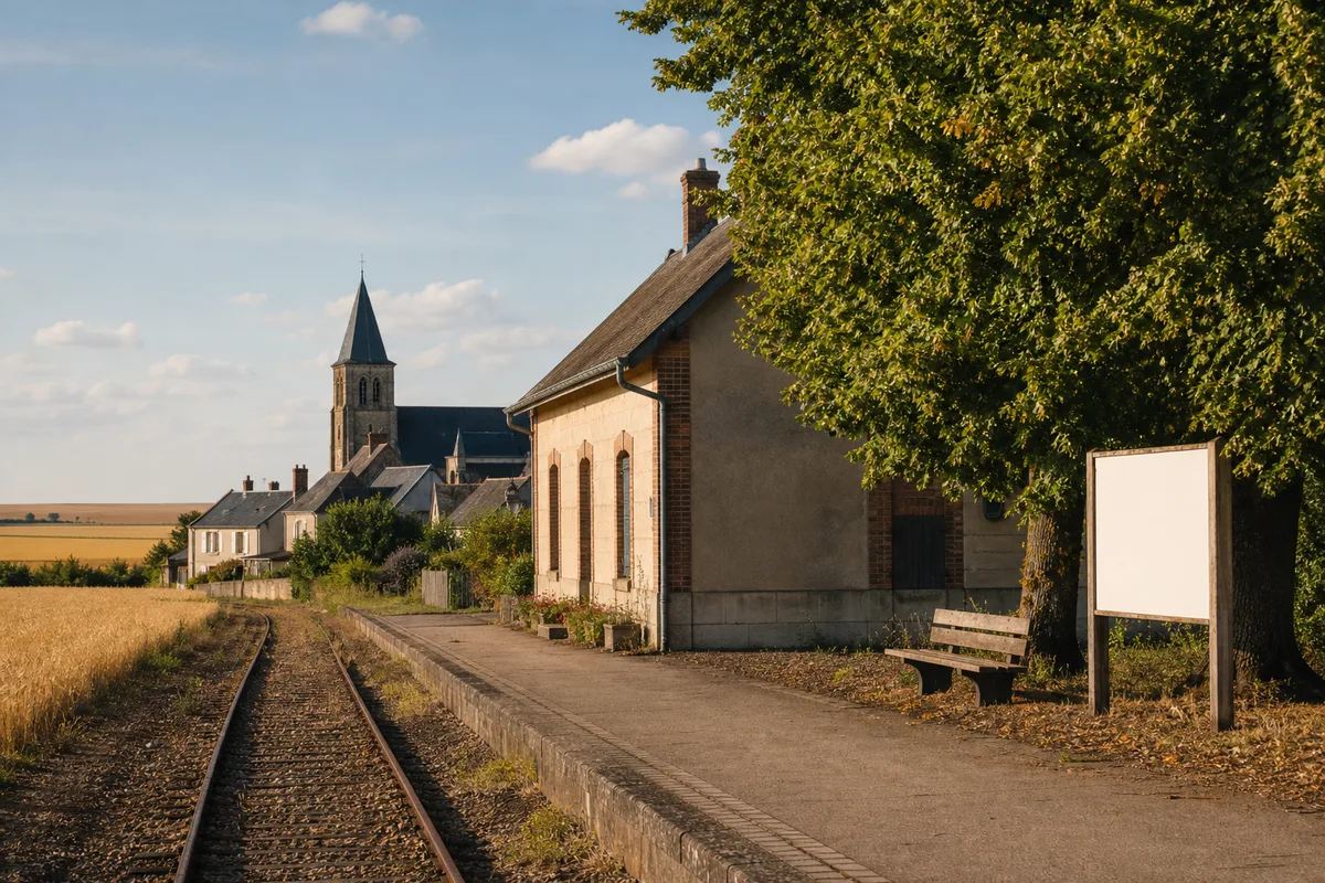 Quai de gare rurale en Eure-et-Loir avec voie ferrée et bâtiment ancien