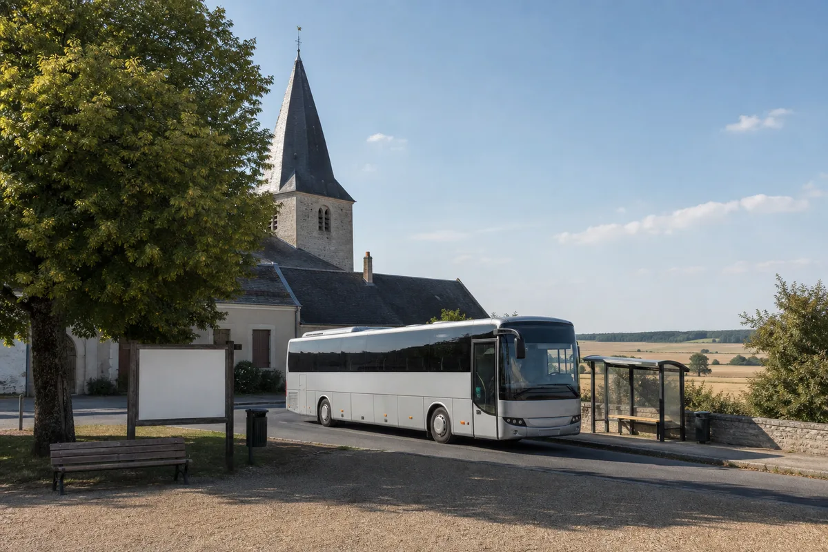 Car régional à l&rsquo;arrêt devant un abribus dans un bourg d&rsquo;Eure-et-Loir