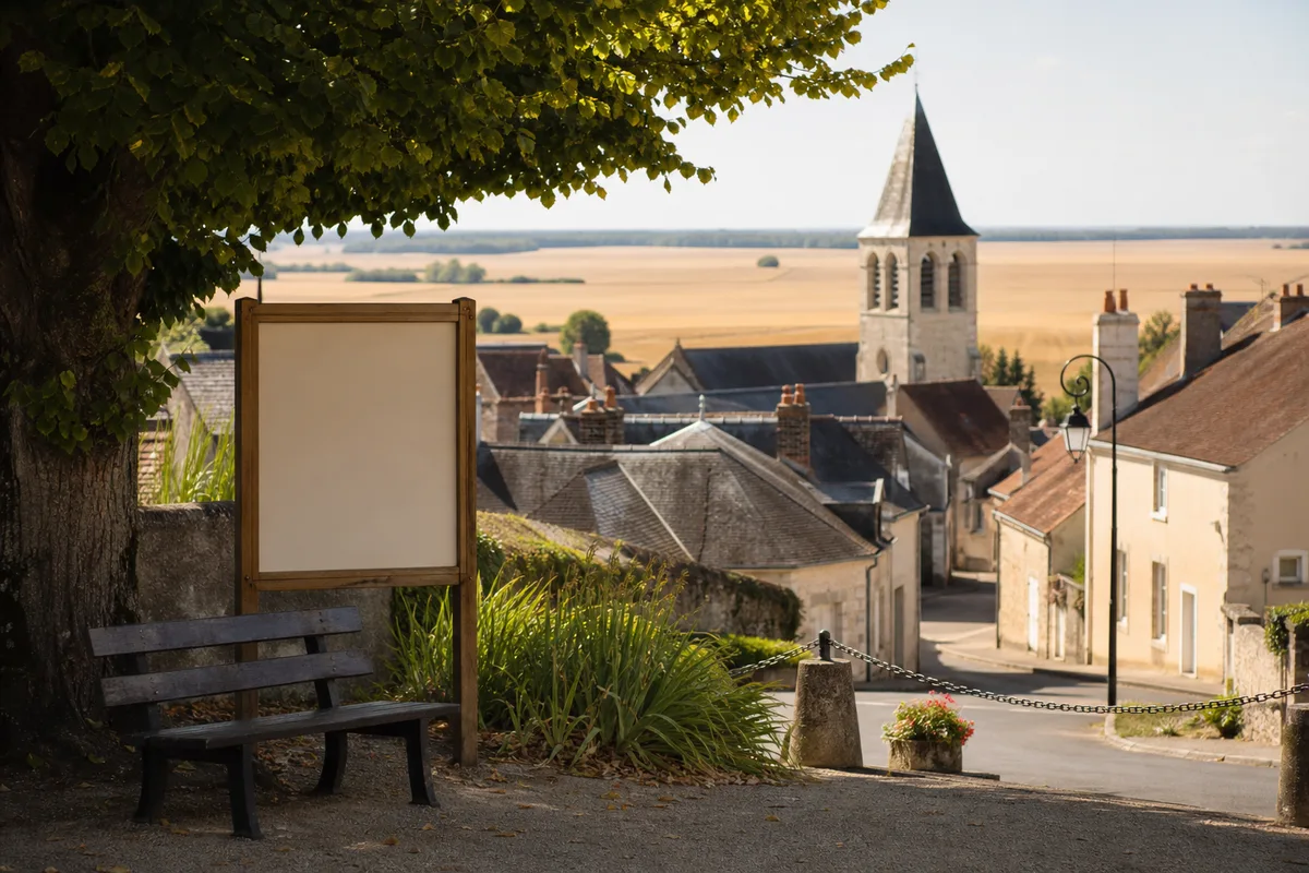 Village de Beauce entouré de champs de blé avec son clocher visible de loin
