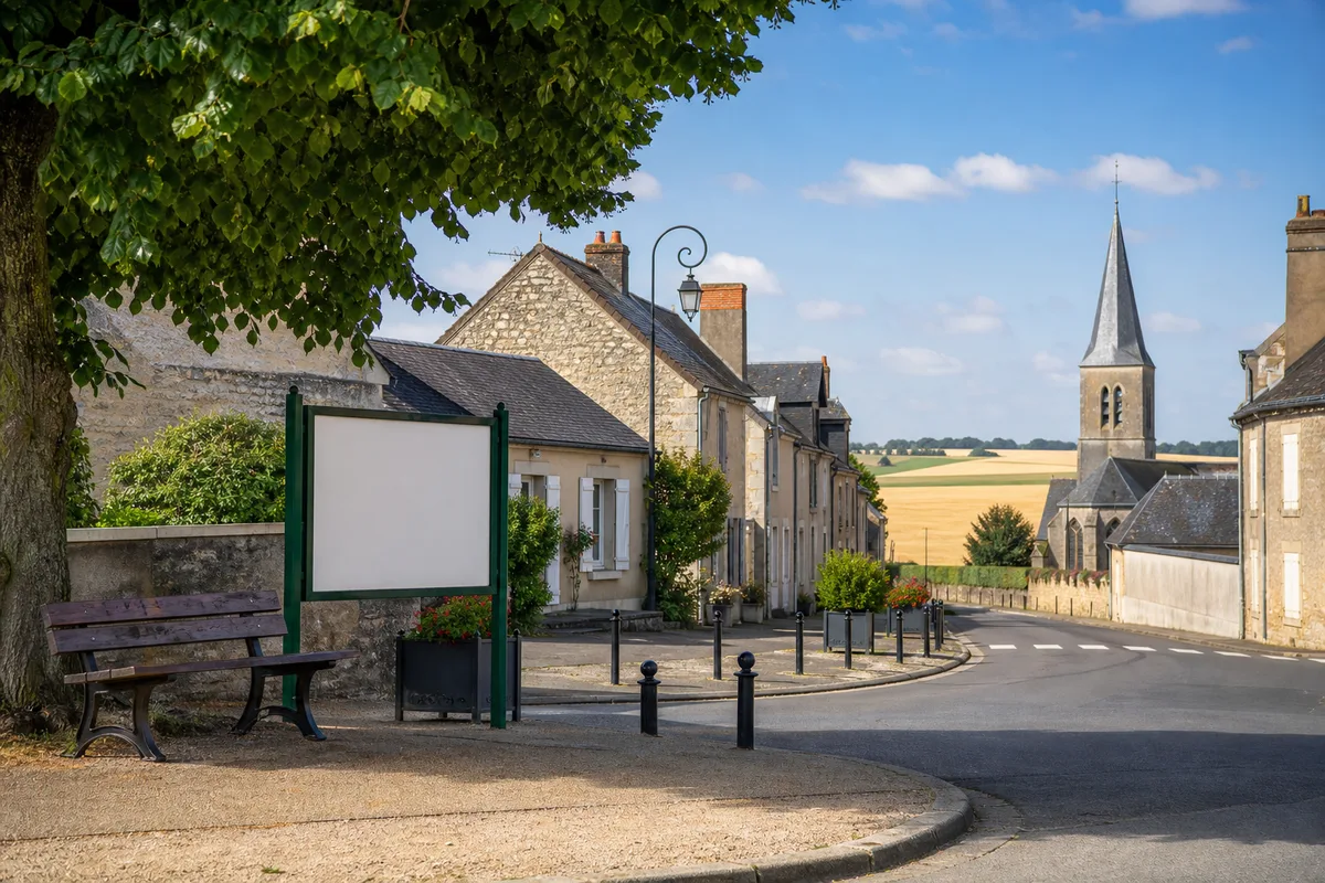 Rue principale d&rsquo;un bourg d&rsquo;Eure-et-Loir avec maisons en pierre et clocher en arrière-plan