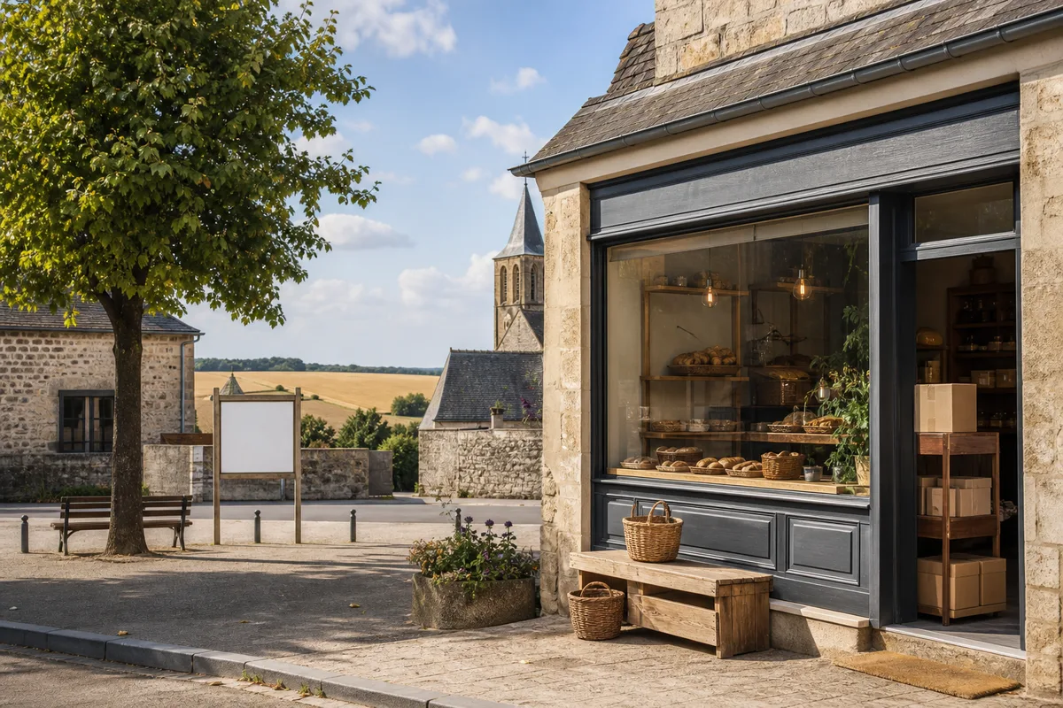 Devanture d&rsquo;un commerce multiservice de village avec panneau boulangerie et point relais